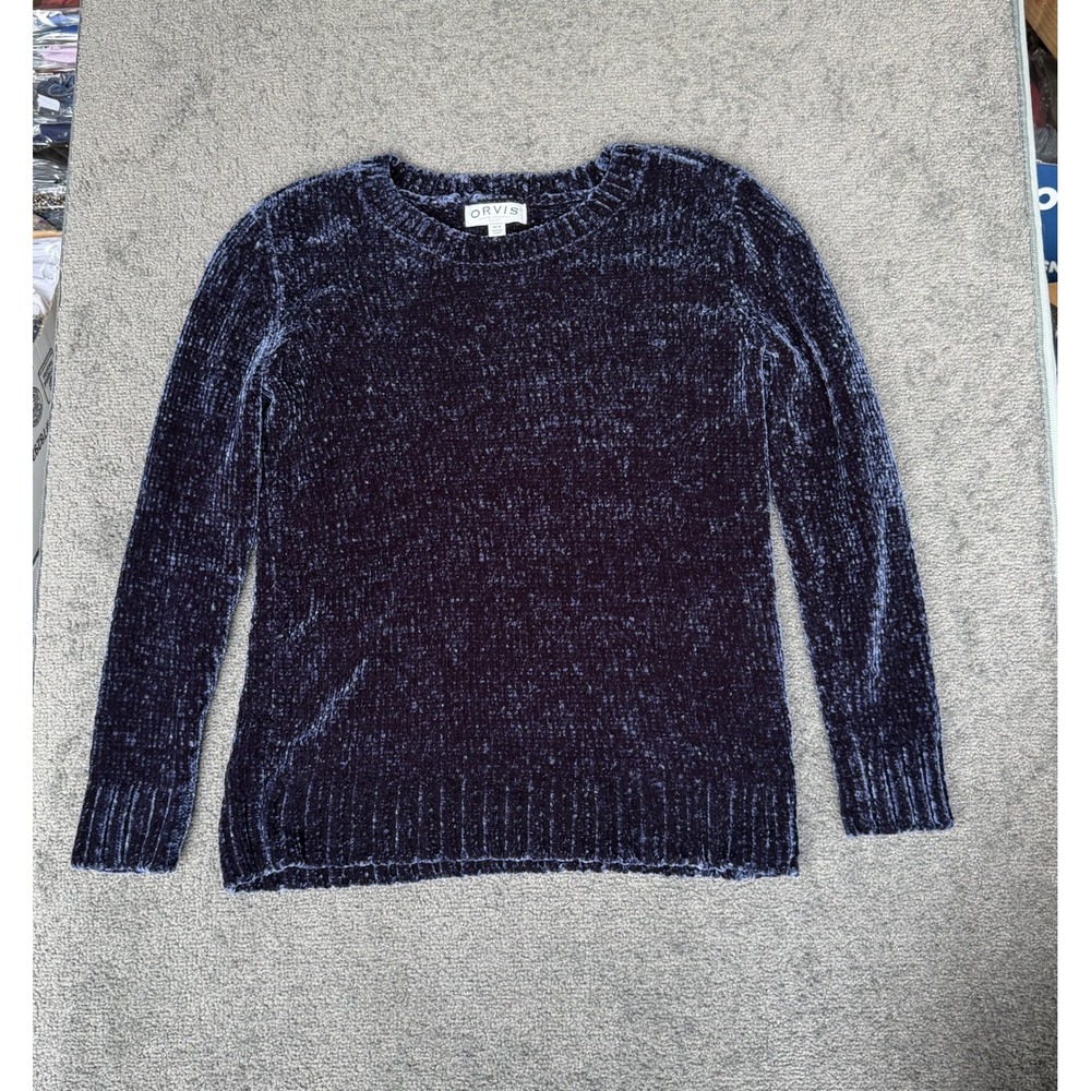 Orvis Navy Blue Chenille Crew Neck Pullover Sweater Womens Medium M Long Sleeve